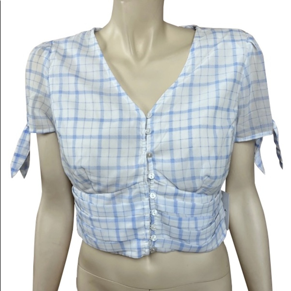 Japna Light Blue and‎ White Plaid Crop Fit Top